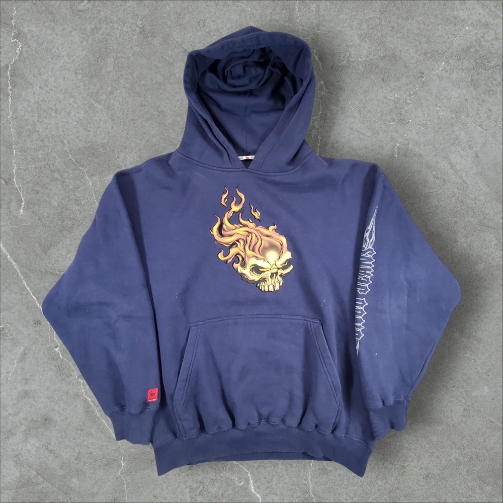 JNCO Jeans Hoodie Men XL Navy Blue Flaming Skull Graphic Streetwear Y2K Skate